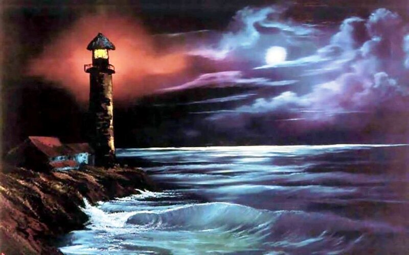 Lighthouse on Rocky Shore — Purple, Dramatic, Night, Painting