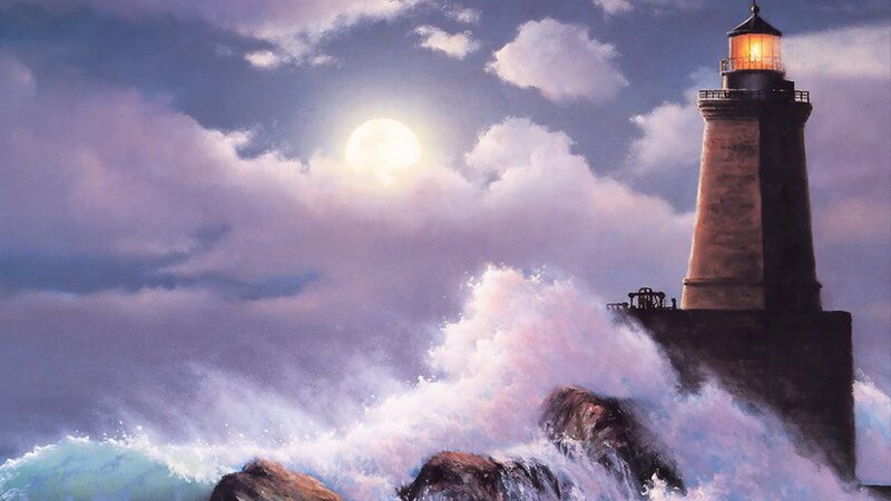 Lighthouse on Rocky Shore — Purple, Dramatic, Night
