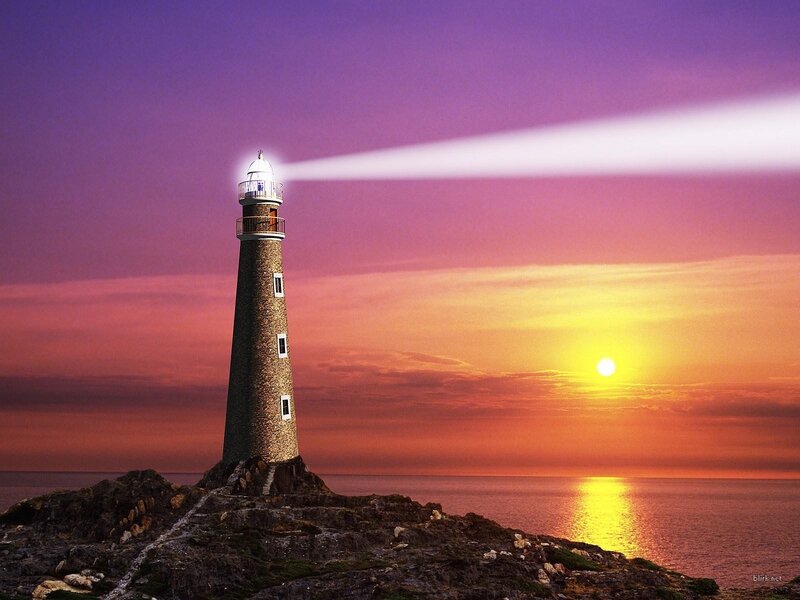 Lighthouse on Rocky Shore — Purple, Dramatic, Sunset, Digital Art, Ocean