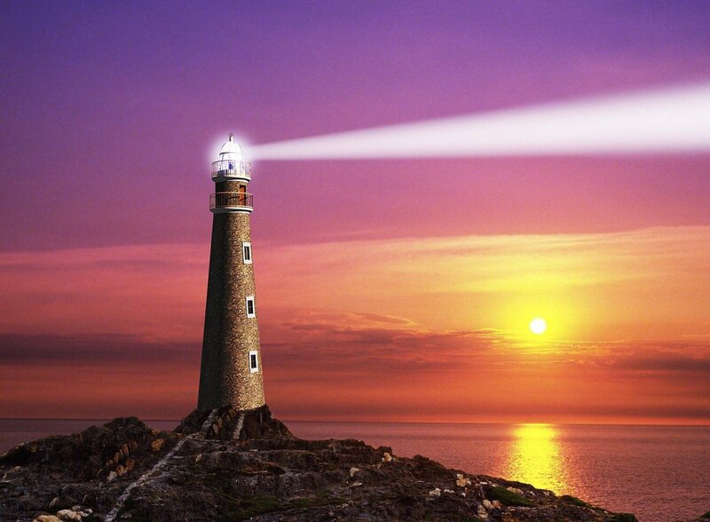 Lighthouse on Rocky Shore — Purple, Dramatic, Sunset
