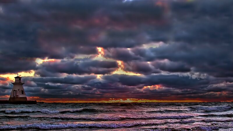 Lighthouse on Rocky Shore — Purple, Dramatic