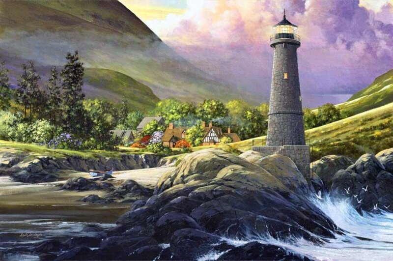 Lighthouse on Rocky Shore — Purple, Serene, Sunset, Painting, Mountains