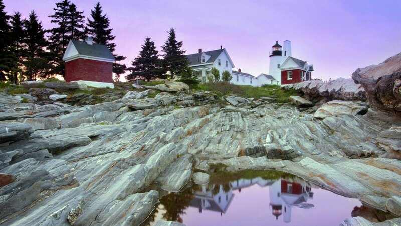Lighthouse on Rocky Shore — Purple, Serene, Sunset, Photograph, Buildings