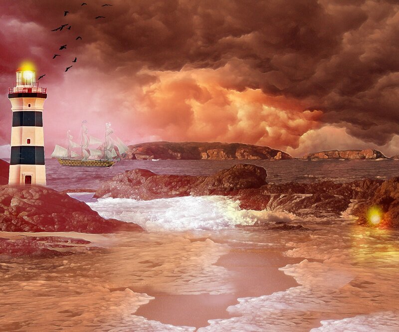 Lighthouse on Rocky Shore — Red, Dramatic, Sunset