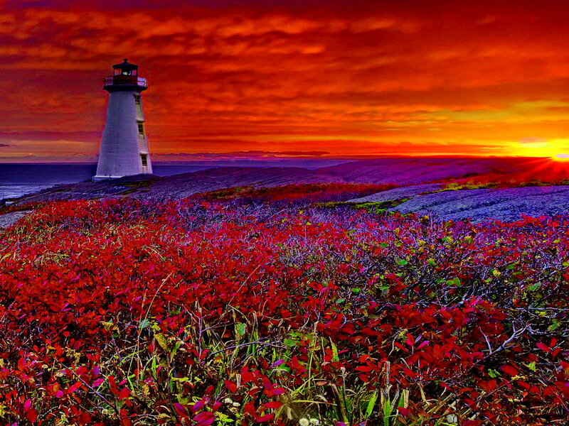Lighthouse on Rocky Shore — Red, Dramatic