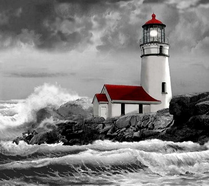 Lighthouse on Rocky Shore — White, Dramatic, Photograph, Ocean Waves