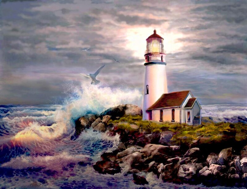 Lighthouse on Rocky Shore — White, Dramatic, Sunset, Painting