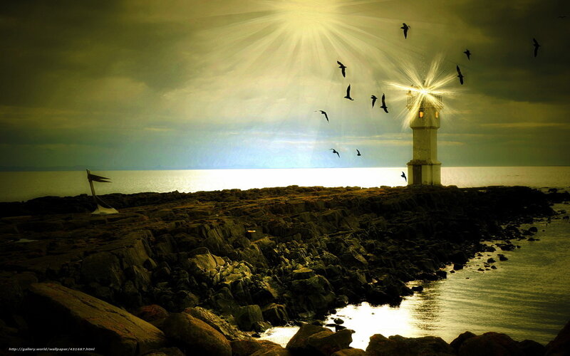 Lighthouse on Rocky Shore — Yellow, Dramatic, Sunset, Photograph