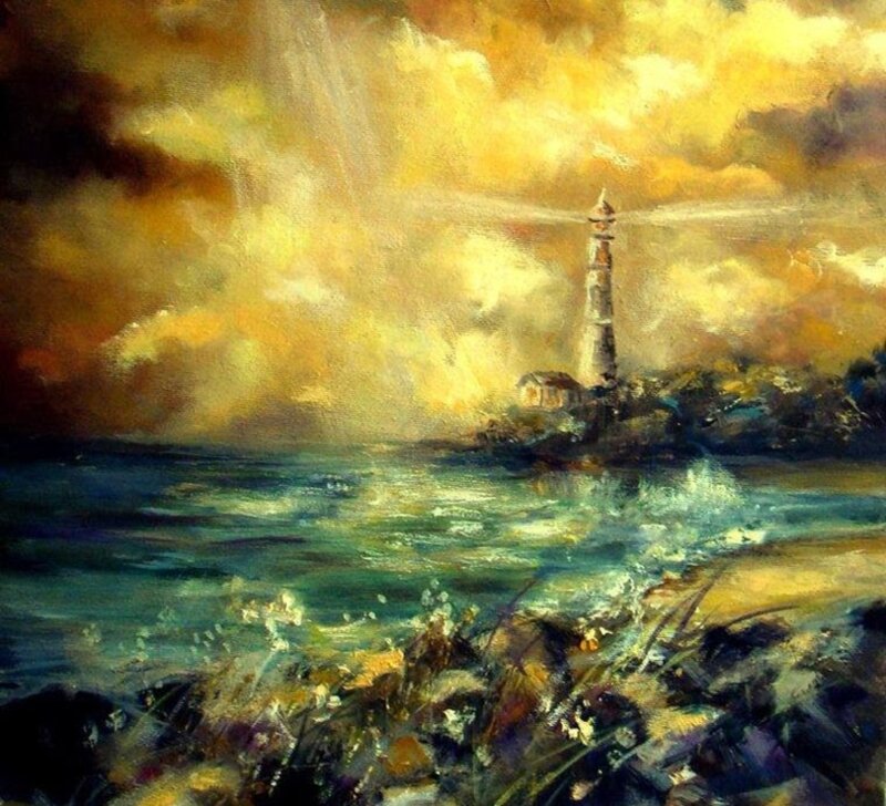 Lighthouse on Rocky Shore — Yellow, Dramatic, Sunset