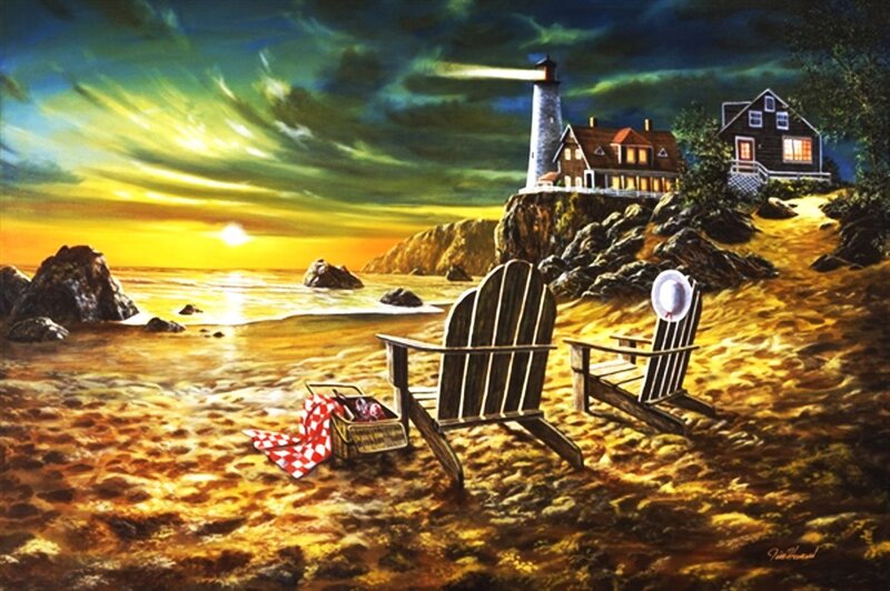 Lighthouse on Rocky Shore — Yellow, Dramatic
