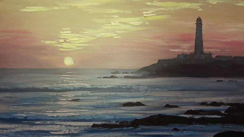 Lighthouse on Rocky Shore — Yellow, Serene