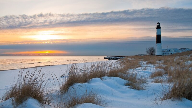Lighthouse on Snowy Beach — White