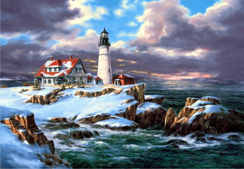 Lighthouse on Snowy Cliff — White, Dramatic