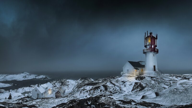 Lighthouse on Snowy Cliff — White, Dramatic, Winter