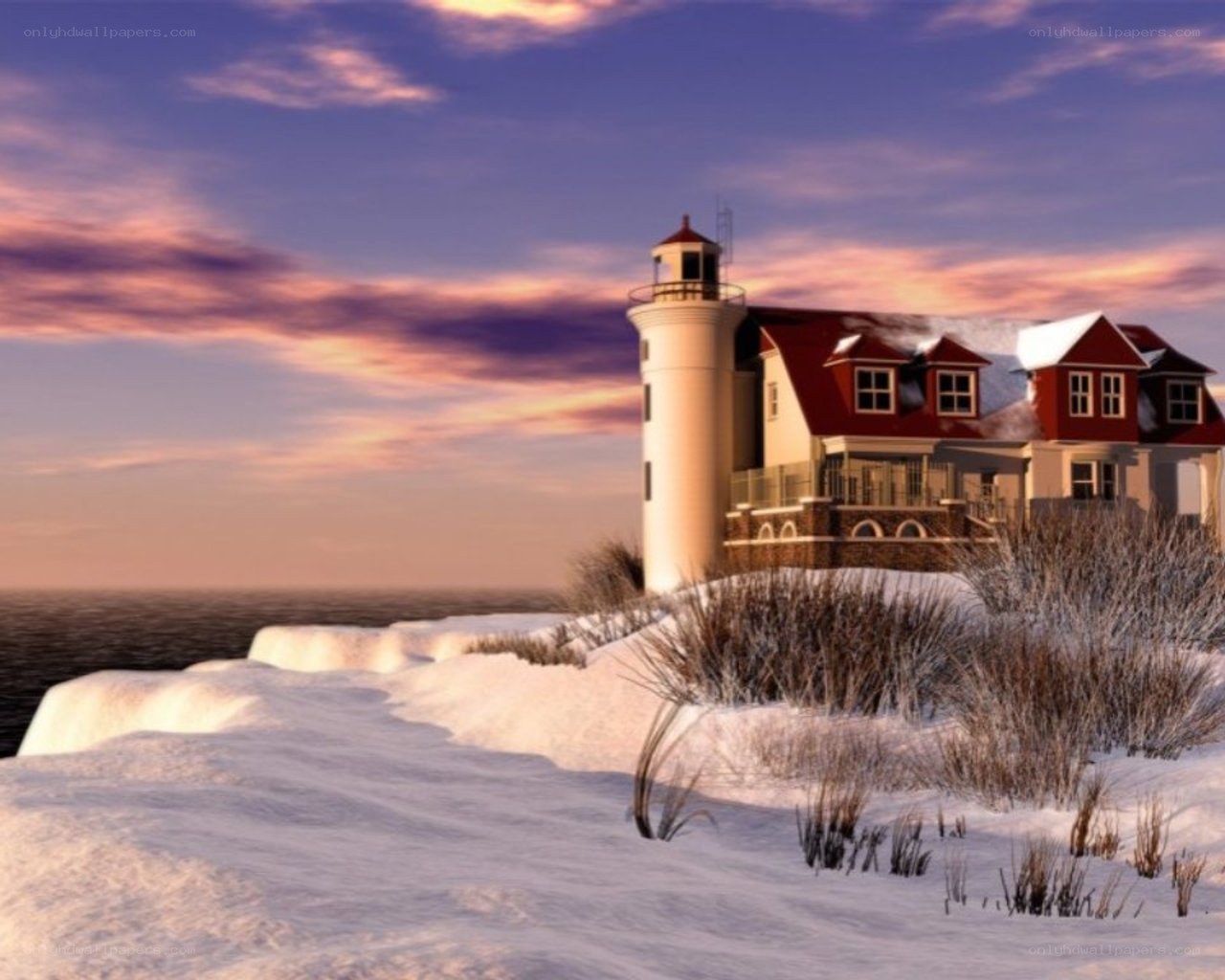 Lighthouse on snowy coast