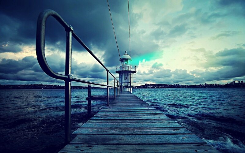 Lighthouse on Wooden Pier — Blue, Dramatic, Sunset, Photograph, City Skyline, Gray, Green