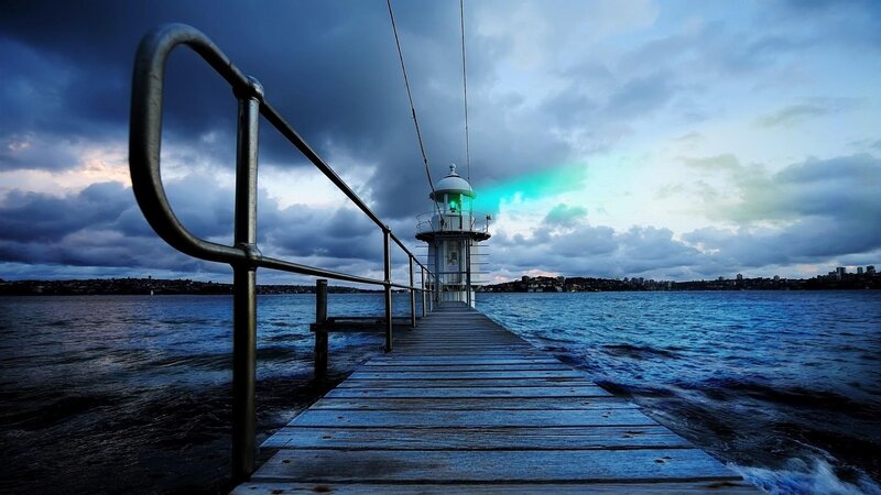 Lighthouse on Wooden Pier — Blue, Dramatic, Sunset