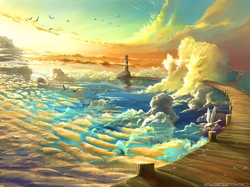 Lighthouse on Wooden Pier — Blue, Serene, Sunset