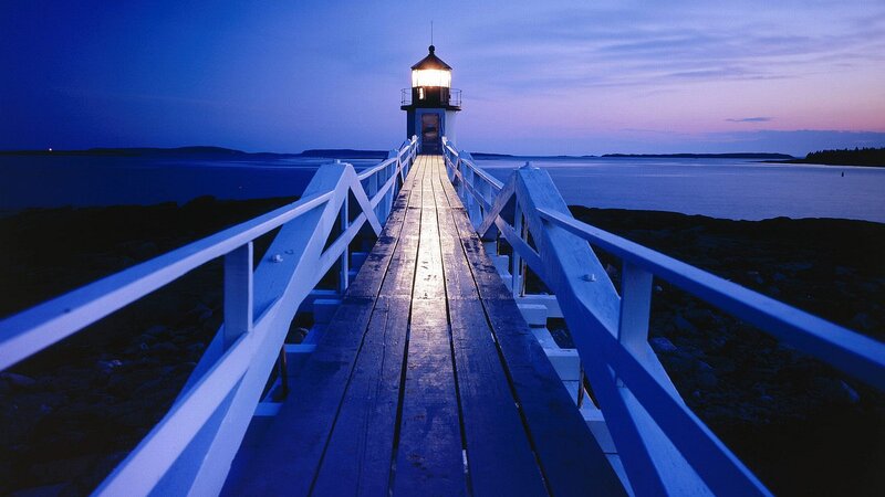 Lighthouse on Wooden Pier — Blue, Serene