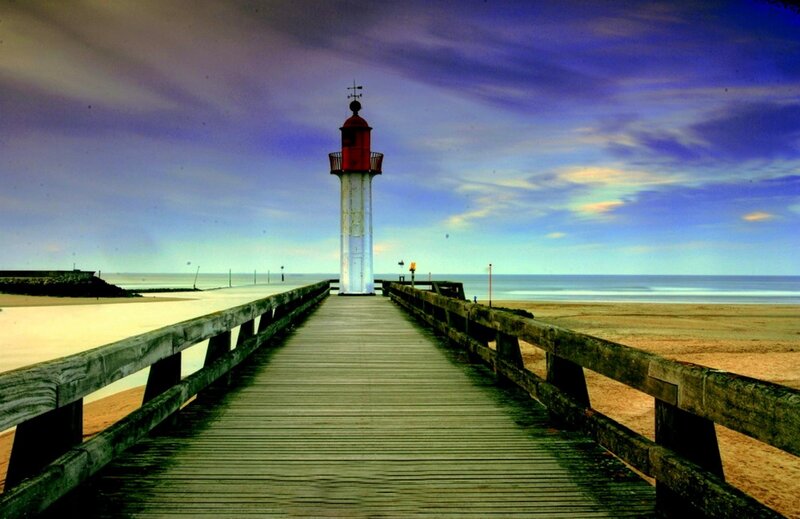 Lighthouse on Wooden Pier — Blue