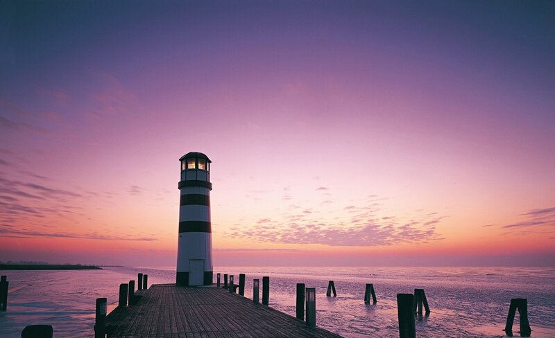 Lighthouse on Wooden Pier — Purple, Serene, Sunset