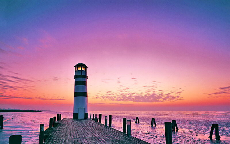 Lighthouse on Wooden Pier — Purple, Serene