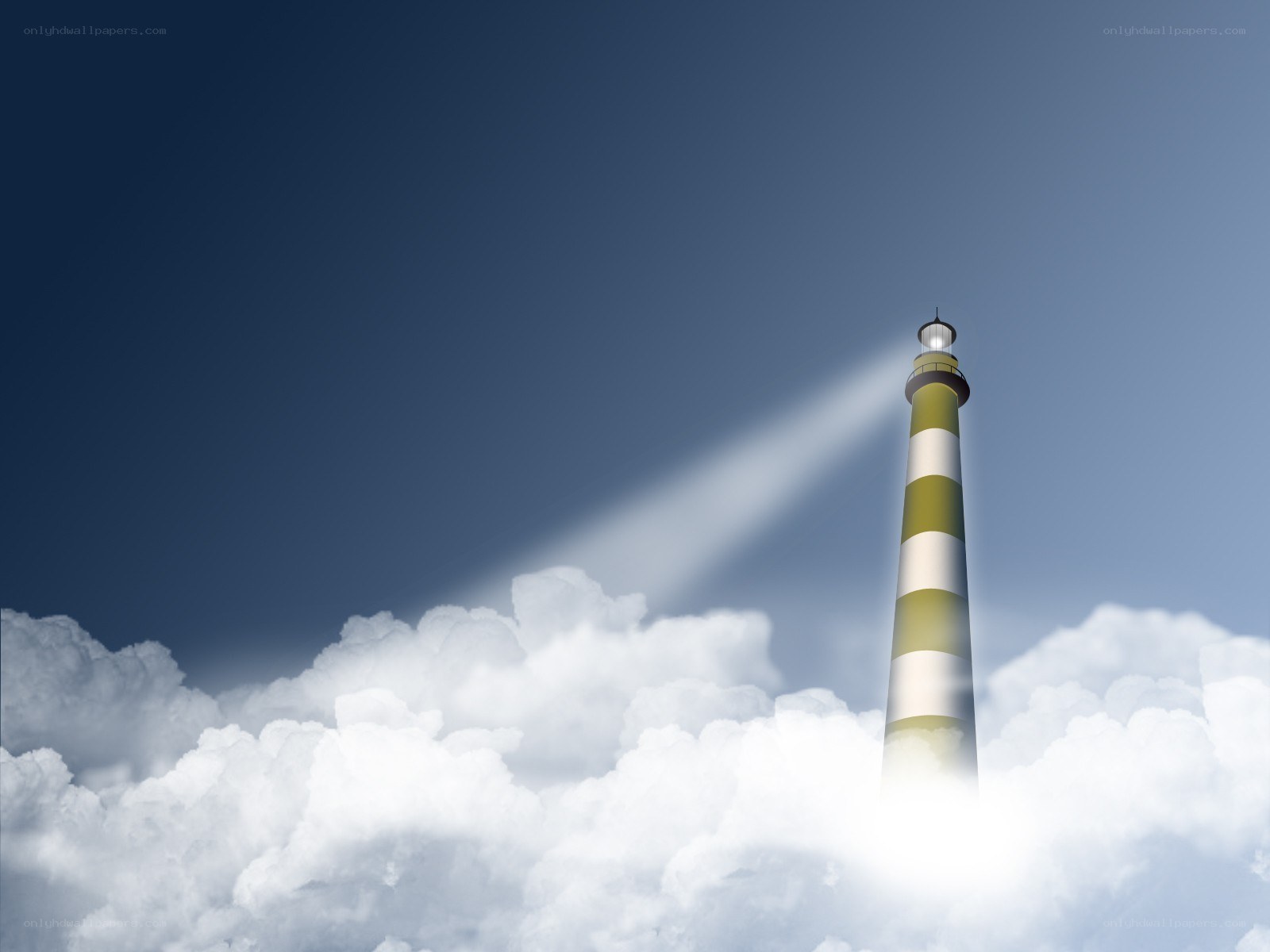 Lighthouse shining through clouds