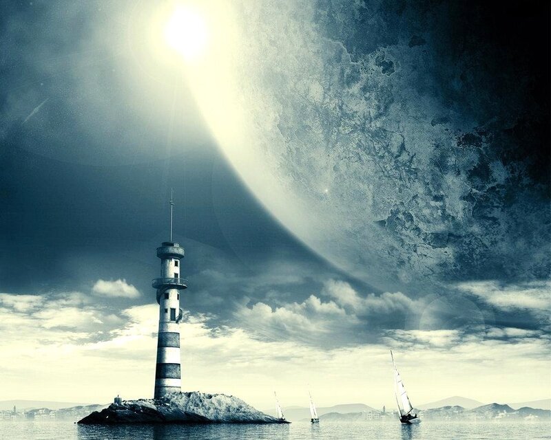 Lighthouse under a giant moon