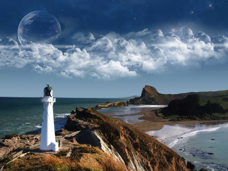 Lighthouse under alien sky