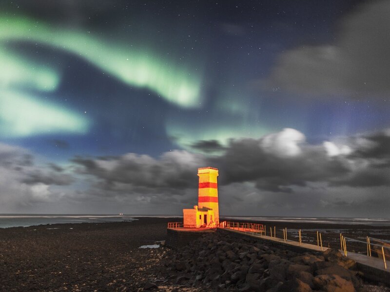 Lighthouse under Aurora — Green, Dramatic, Night, Photograph