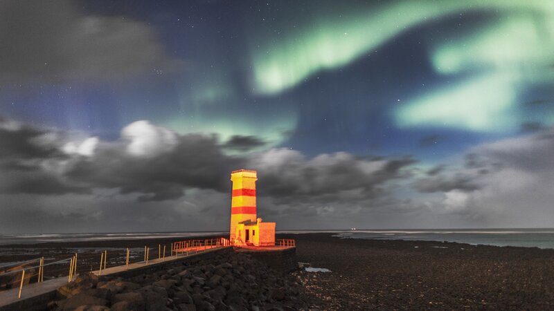 Lighthouse under Aurora — Green, Dramatic, Night