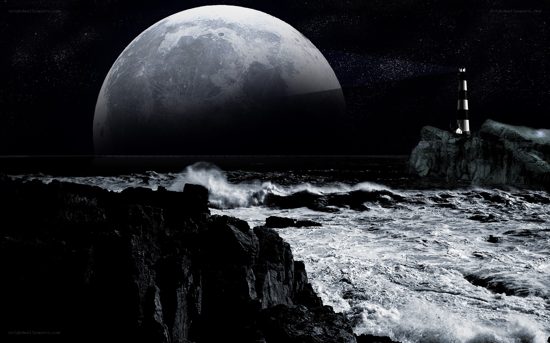 Lighthouse under giant moon