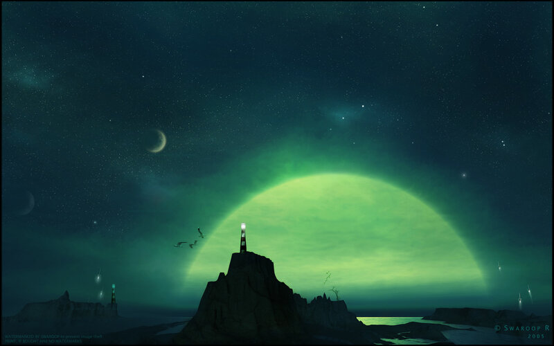 Lighthouse under green aurora
