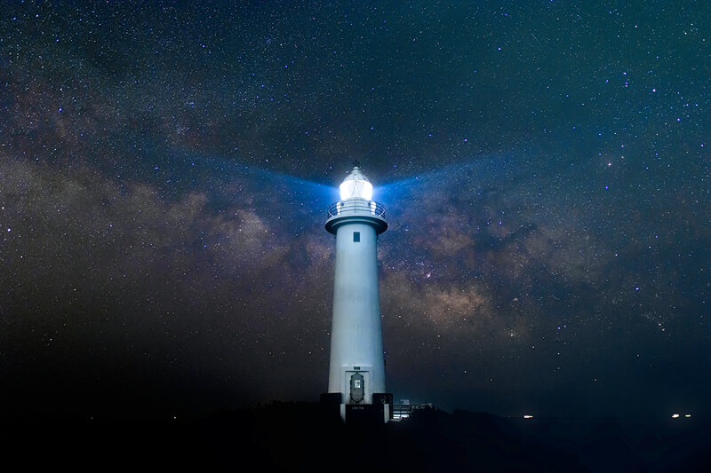 Lighthouse under Stars — Blue, Serene, Night, Photograph, Milky Way, Night Sky