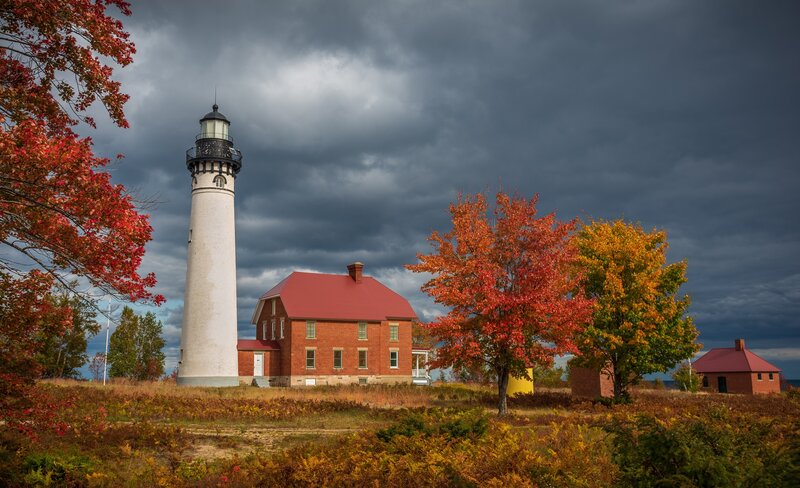 Lighthouse with Brick Building — Red