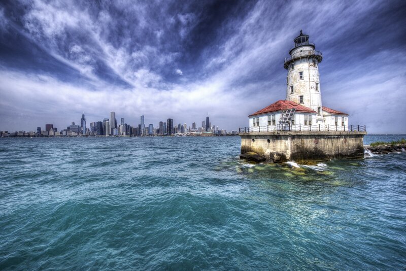 Lighthouse with City Skyline