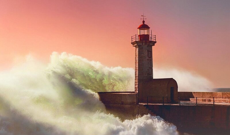 Lighthouse with Crashing Waves — Pink