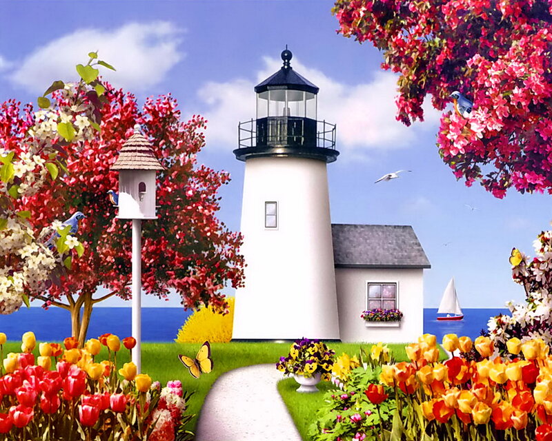 Lighthouse with Flowers — White