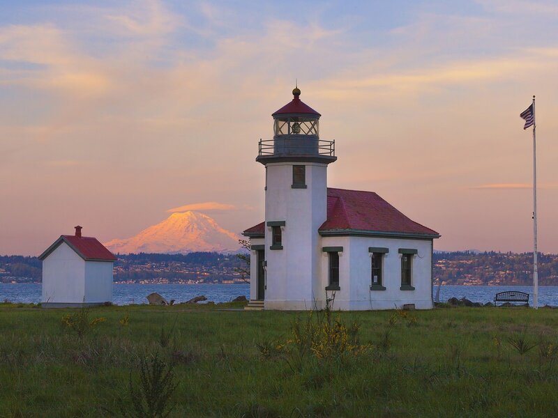 Lighthouse with mountain view