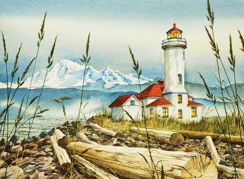 Lighthouse with Mountain — White