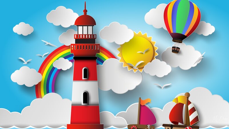 Lighthouse with Rainbow — Blue, Cheerful