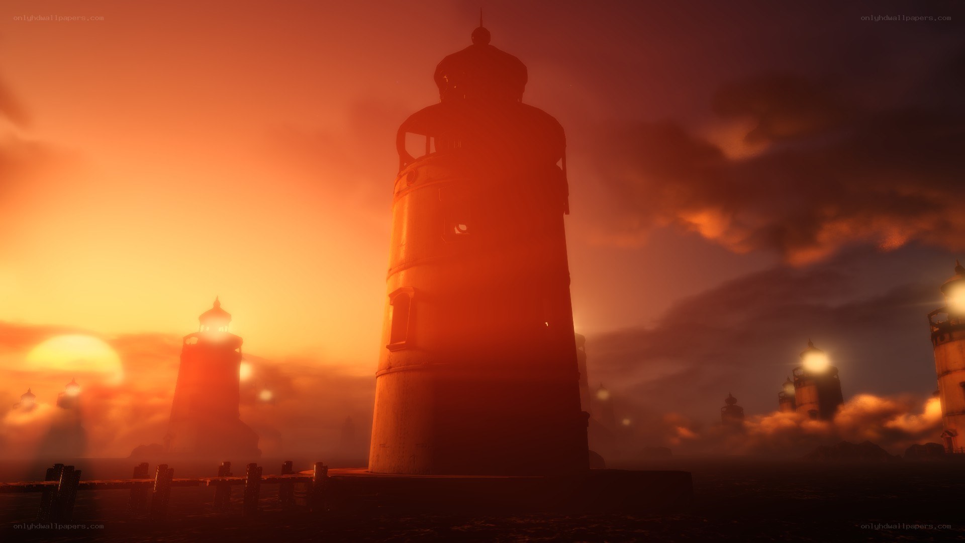 lighthouses at sunset