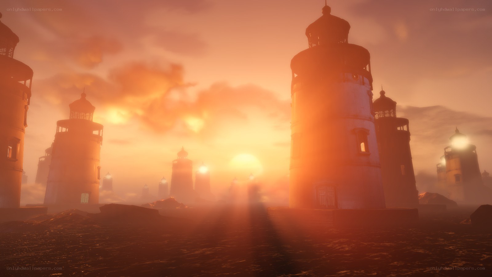 lighthouses at sunset