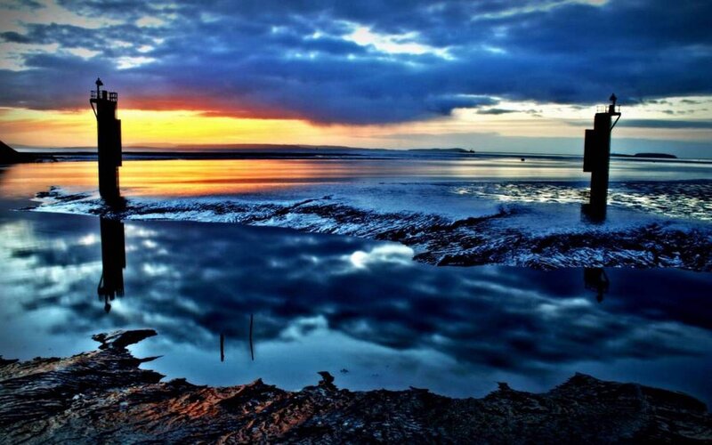 Lighthouses at Sunset — Blue, Dramatic, Photograph