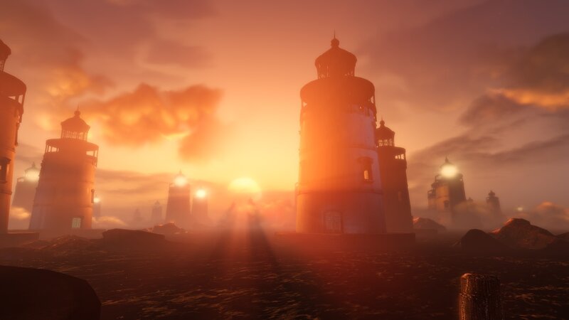 Lighthouses at Sunset — Orange, Dramatic, 3d Render, Clouds, Rocks