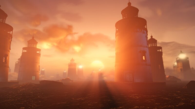 Lighthouses at Sunset — Orange, Dramatic, 3d Render, Fog, Sky
