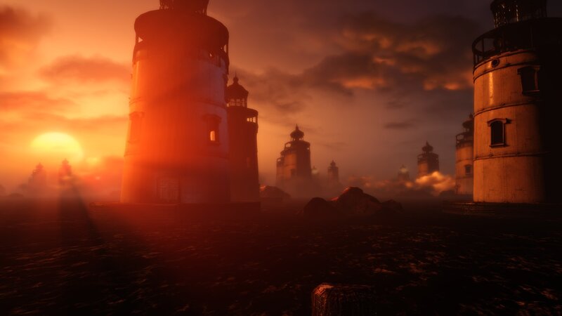 Lighthouses at Sunset — Orange, Dramatic, 3d Render, Fog