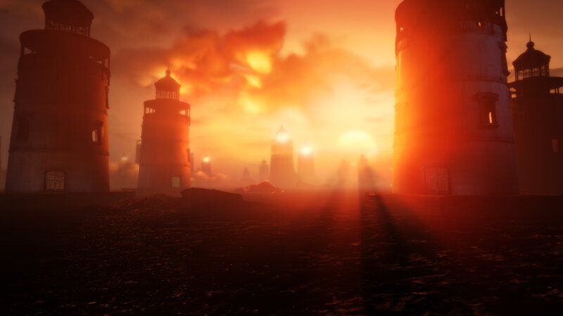 Lighthouses at Sunset — Orange, Dramatic, 3d Render, Sky, Fog