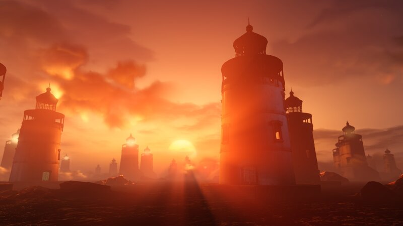 Lighthouses at Sunset — Orange, Dramatic, 3d Render, Sky, Rocks
