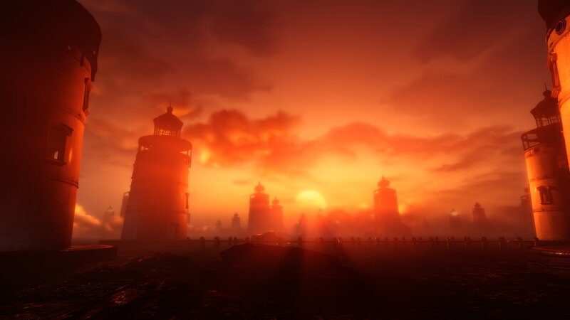 Lighthouses at Sunset — Orange, Dramatic, 3d Render, Sky
